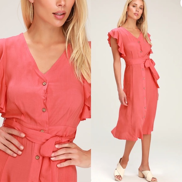 🆕 Lulus Coral Pink Button-Front Midi Dress - Picture 3 of 10